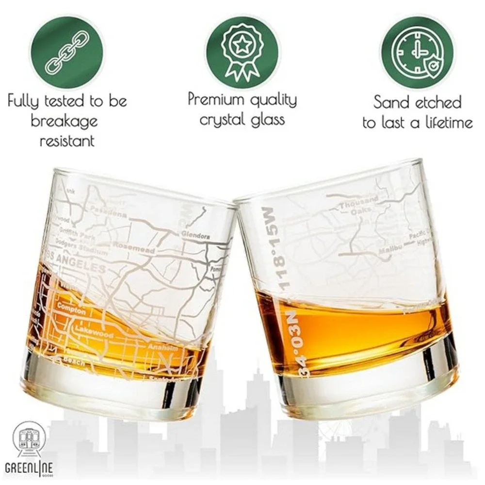 Cocktail Low Ball Glasses‎ Whiskey Tumblers Set Etched Los Angeles LA City Map